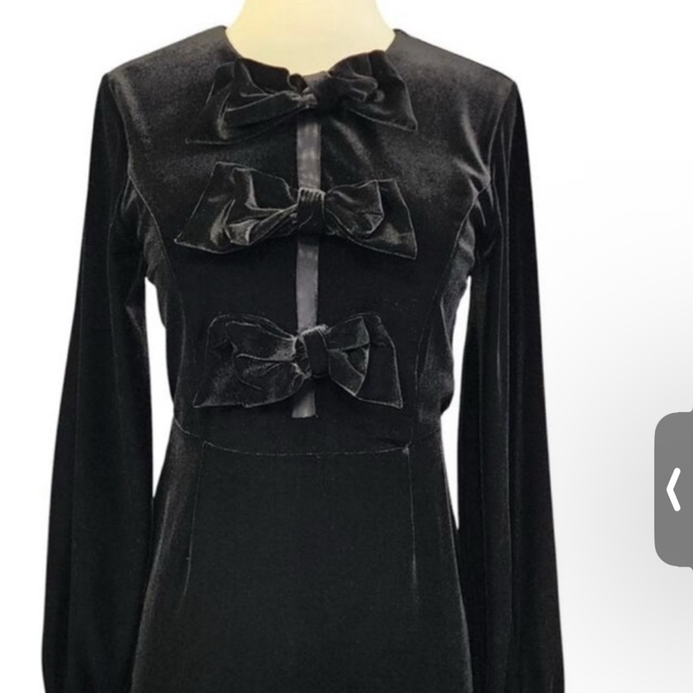 Black Velvet Long-Sleeve Bow-Accent Dress